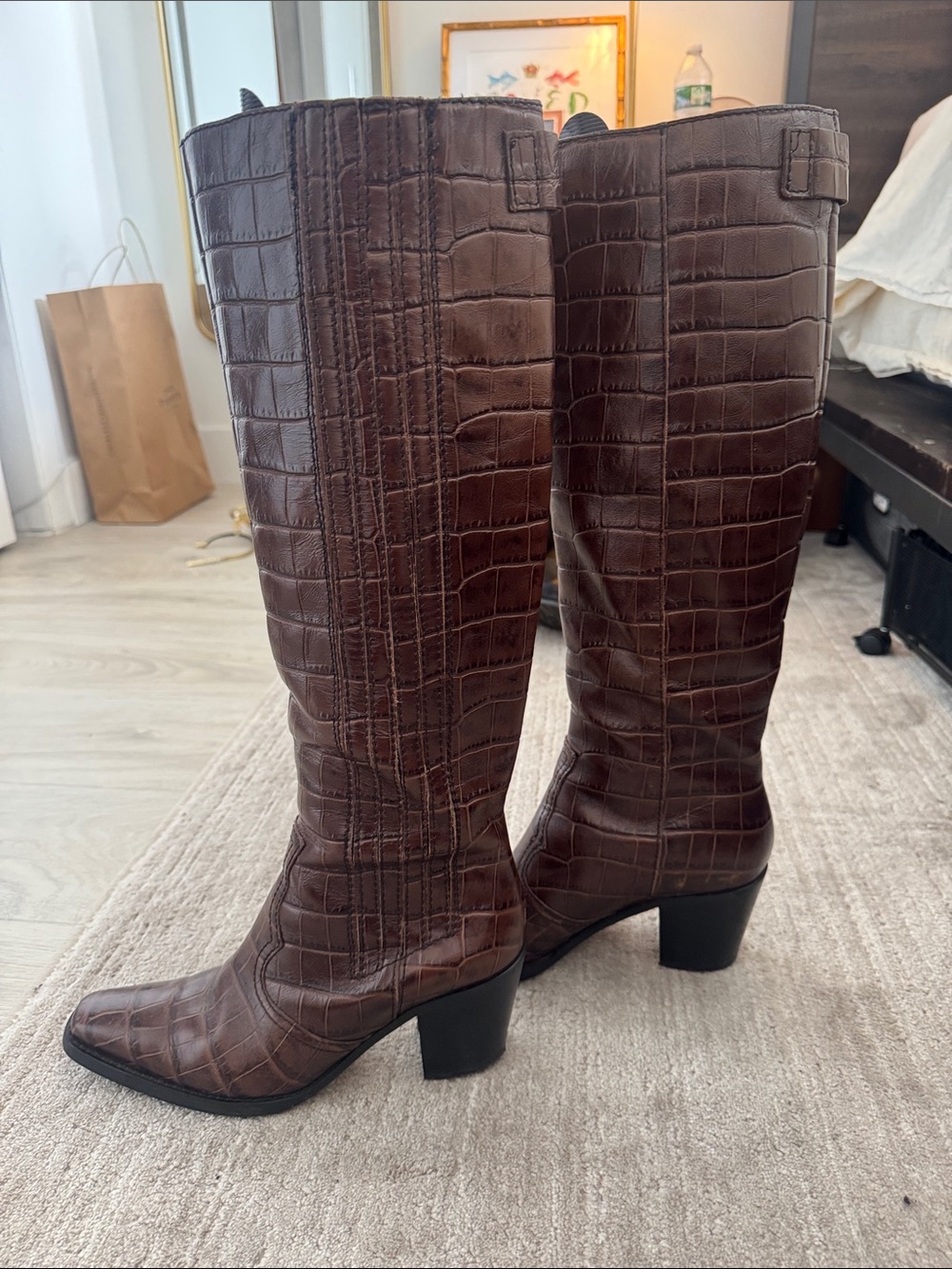 Ganni Dark Brown Croc-Embossed Knee-High Heeled Boots